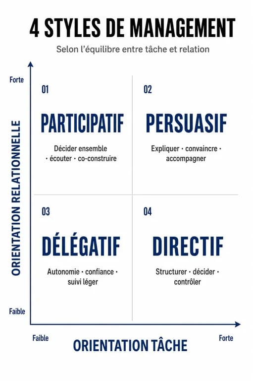 Infographie des styles de management : directif, persuasif, participatif et délégatif pour les fondamentaux du management