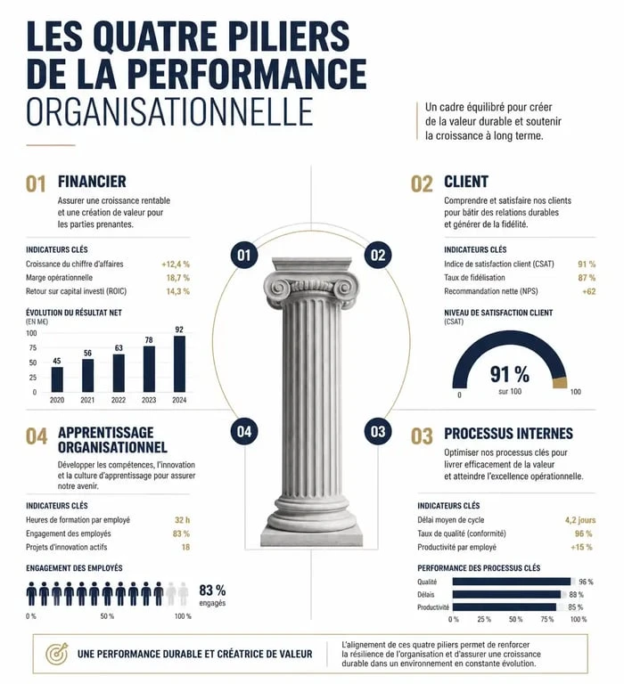 Les quatre piliers de la performance organisationnelle : financier, client, processus et apprentissage.