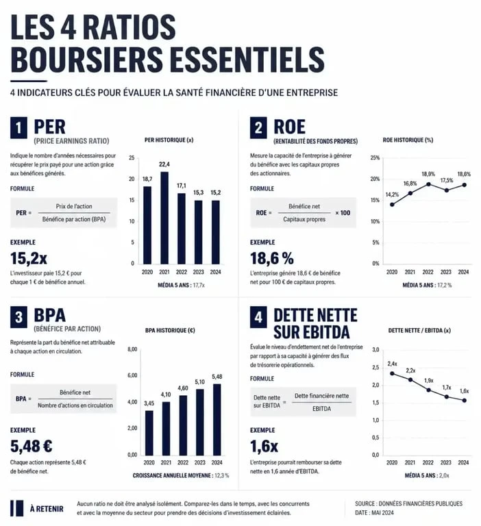 Infographie des indicateurs financiers clés pour choisir la meilleure action en bourse