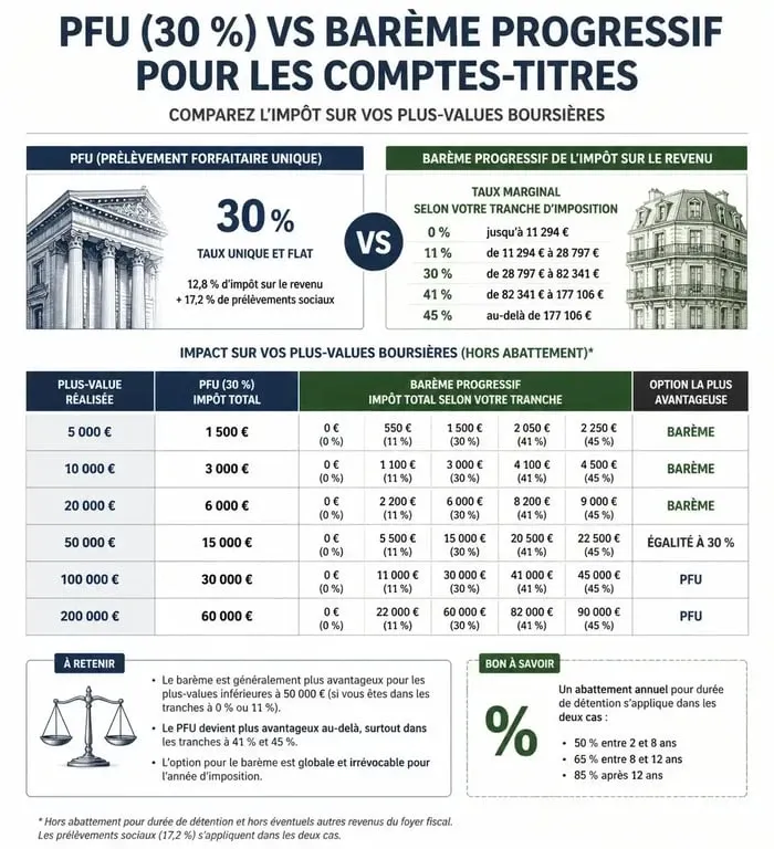 Infographie comparative fiscalité CTO : PFU vs Barème progressif