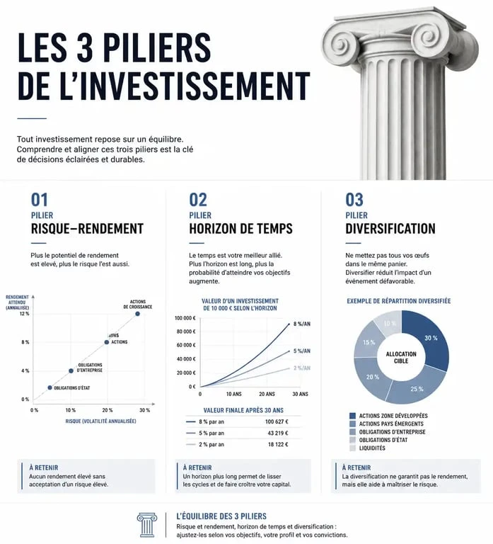 Infographie sur les 3 piliers pour investir pour les nuls : risque, temps et diversification