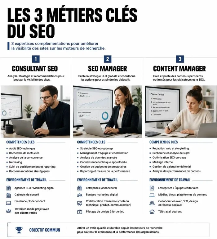 Infographie comparative des métiers du SEO : Consultant, Manager et Content Manager pour un emploi SEO