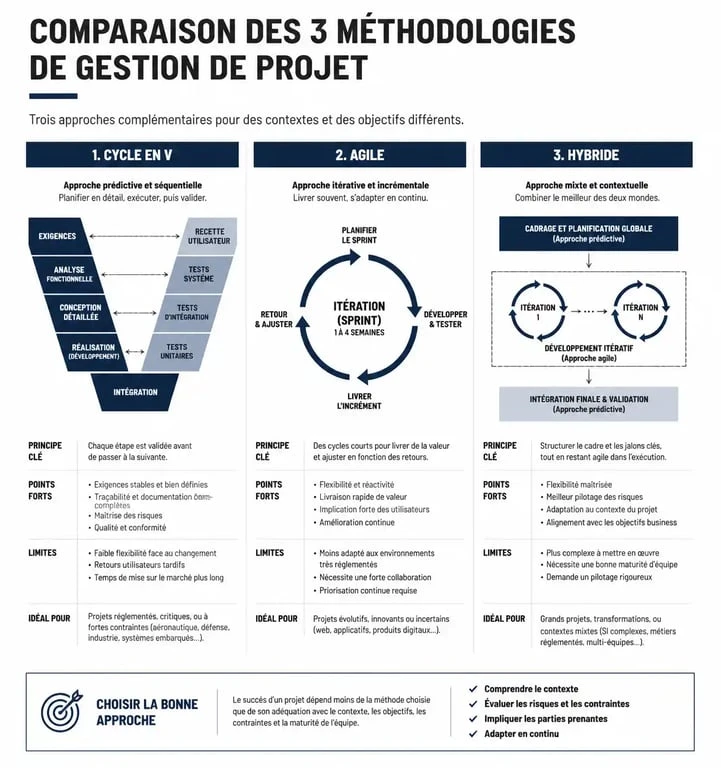 Comparatif des méthodologies de chefferie de projet : Cycle en V, Agile et Hybride
