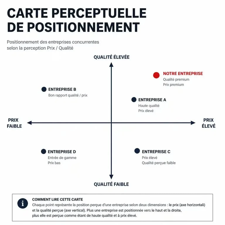 Carte perceptuelle illustrant le positionnement d'une entreprise sur un marché selon le prix et la qualité