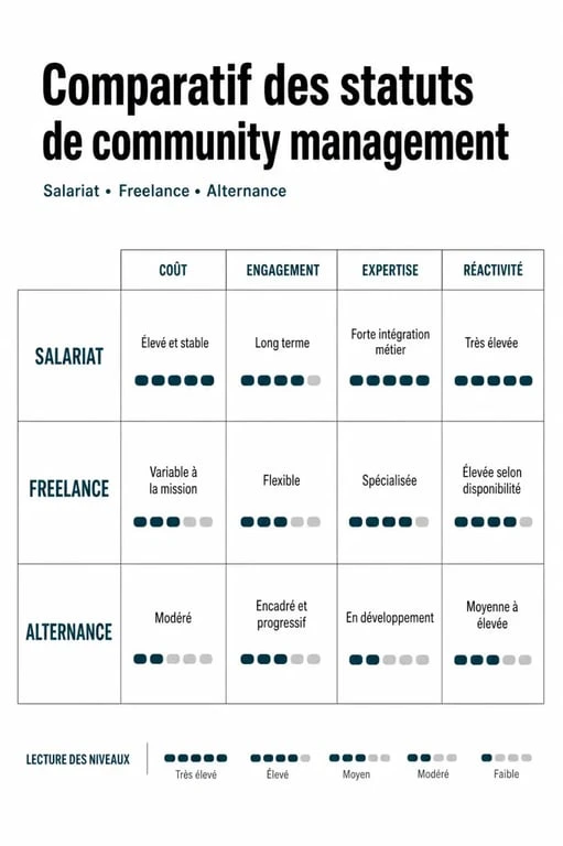 Tableau comparatif des statuts pour une offre de community management : CDI, Freelance et Alternance.