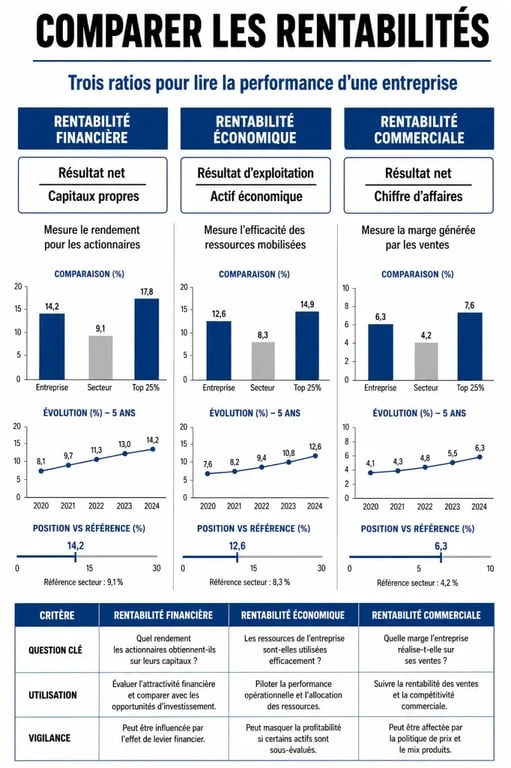 Infographie comparative de la rentabilité financière, économique et commerciale pour l'analyse de performance d'entreprise