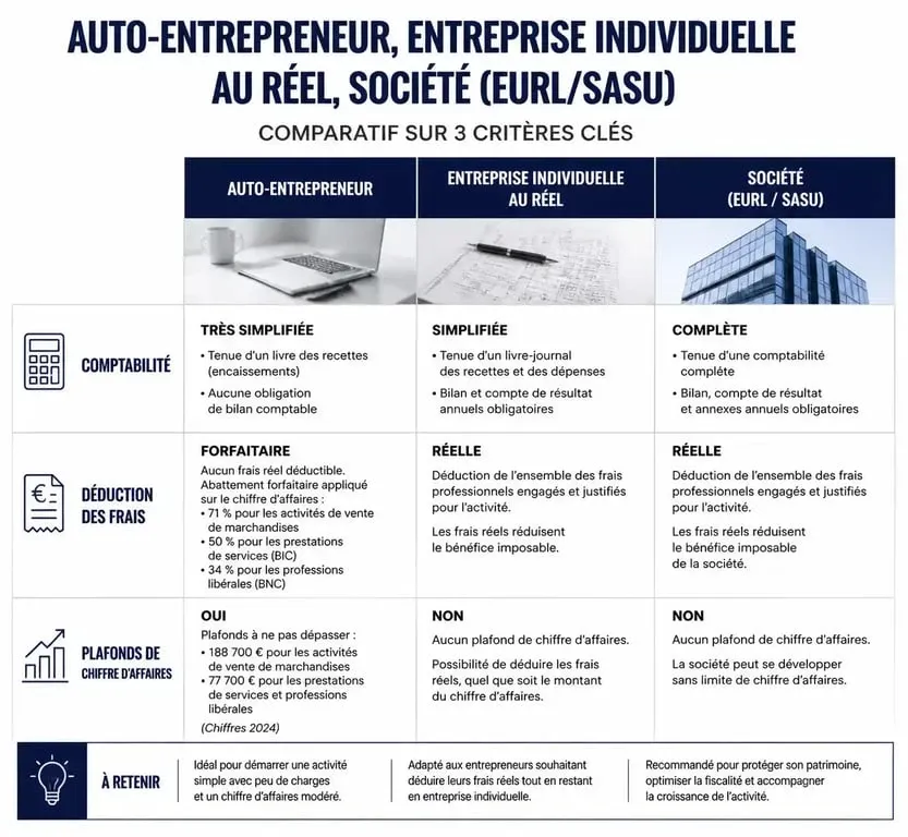 Tableau comparatif des statuts de travailleur indépendant et auto-entrepreneur pour choisir la meilleure structure juridique.