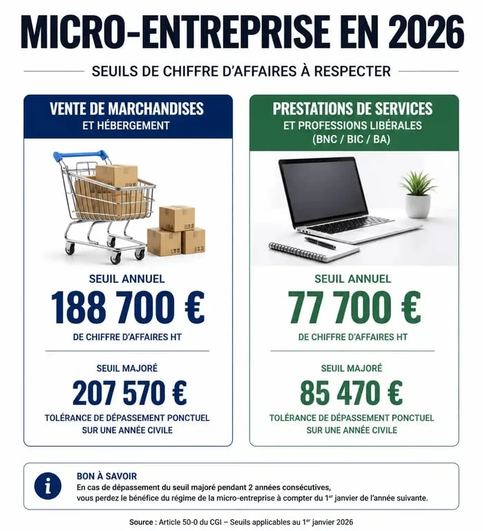 Infographie des seuils de chiffre d'affaires pour la micro-entreprise en 2026