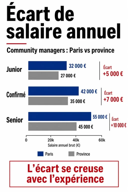 Graphique comparatif du salaire annuel d'un community manager en 2025 entre Paris et la province selon l'expérience