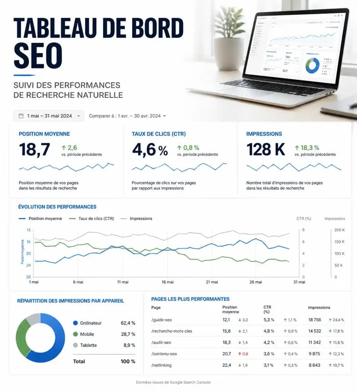 Tableau de bord de suivi de positionnement site web avec métriques SEO