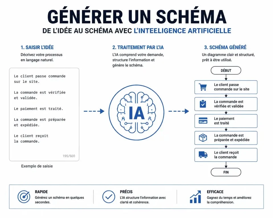 Schéma intelligence artificielle illustrant la conversion de texte en diagramme de flux