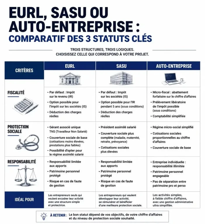 Tableau comparatif des statuts juridiques EURL, SASU et auto-entreprise pour choisir son statut d'entreprise