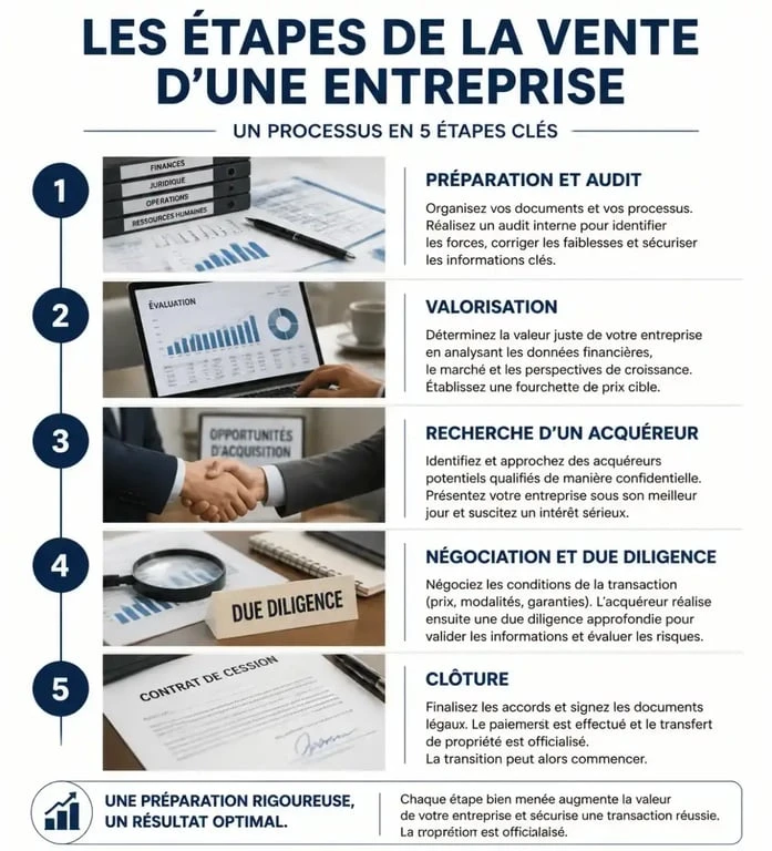 Infographie des étapes clés pour vendre son entreprise