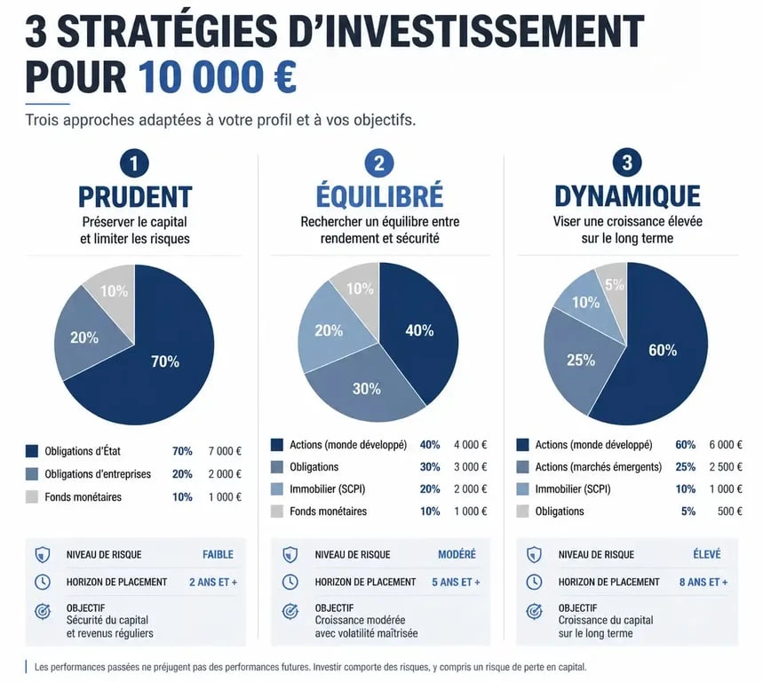 Répartition pour investir 10000 euros selon trois profils : prudent, équilibré et dynamique