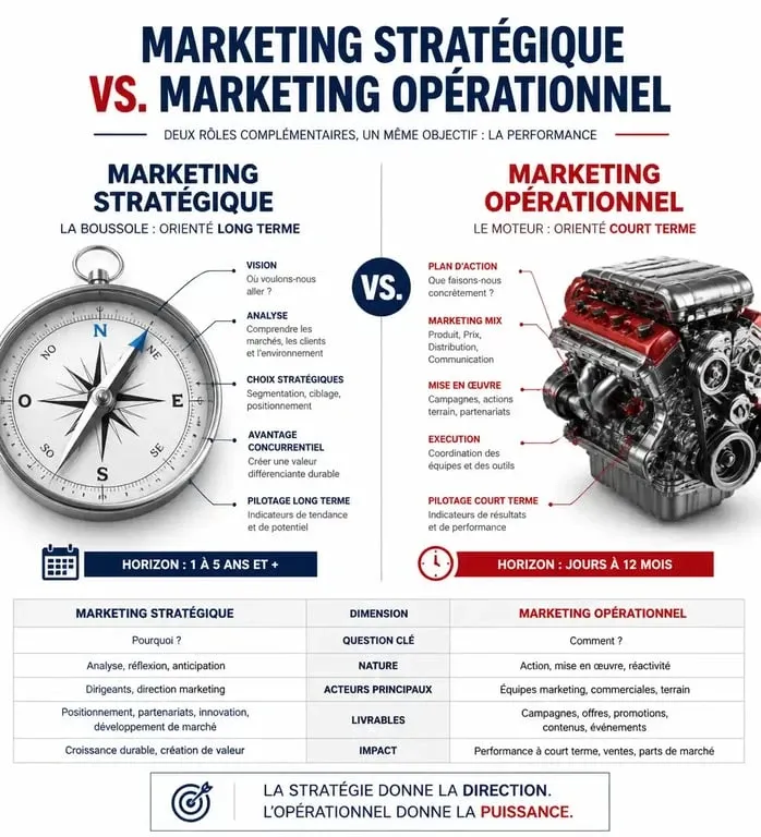 Infographie comparative : marketing stratégique vs marketing opérationnel pour une stratégie d'entreprise efficace