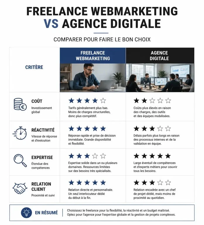 Comparatif entre freelance webmarketing et agence digitale pour choisir le meilleur partenaire pour votre stratégie digitale.