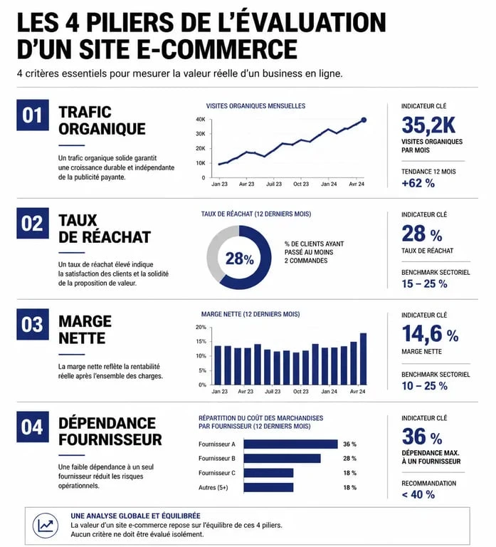 Infographie des indicateurs clés pour acheter un site e-commerce existant et réussir son acquisition