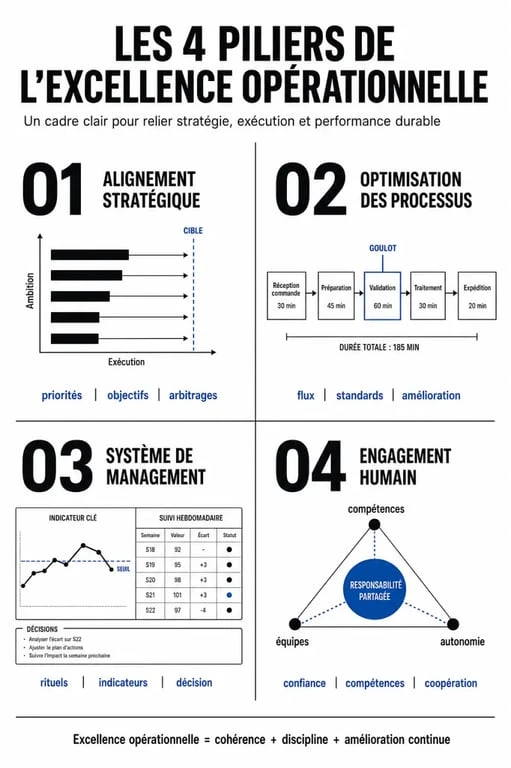 Infographie des 4 piliers de l'excellence opérationnelle : stratégie, processus, management et engagement humain
