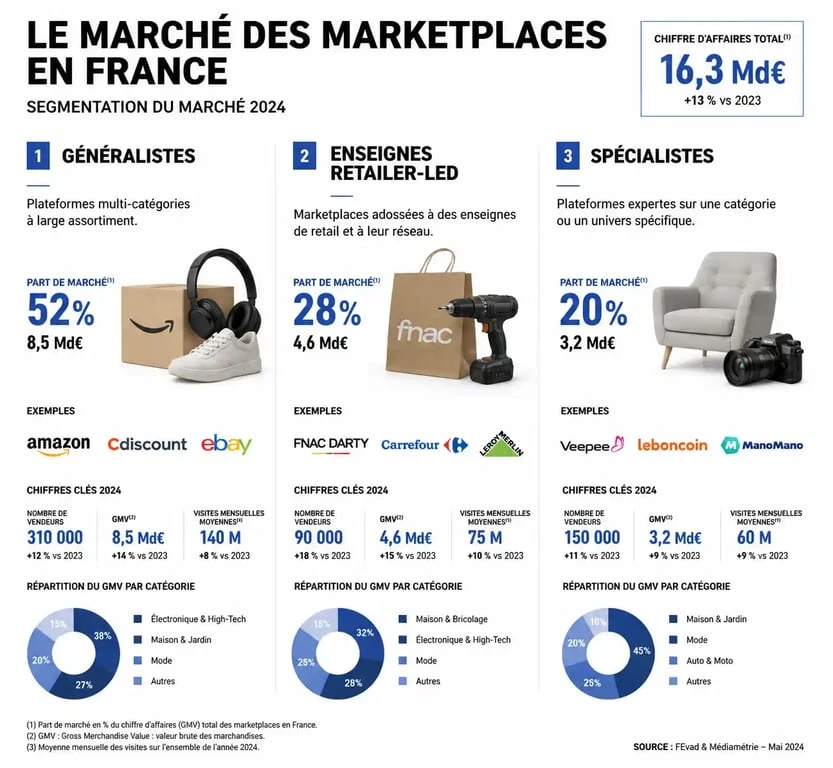 Infographie du panorama des marketplaces en France classées par type de plateforme