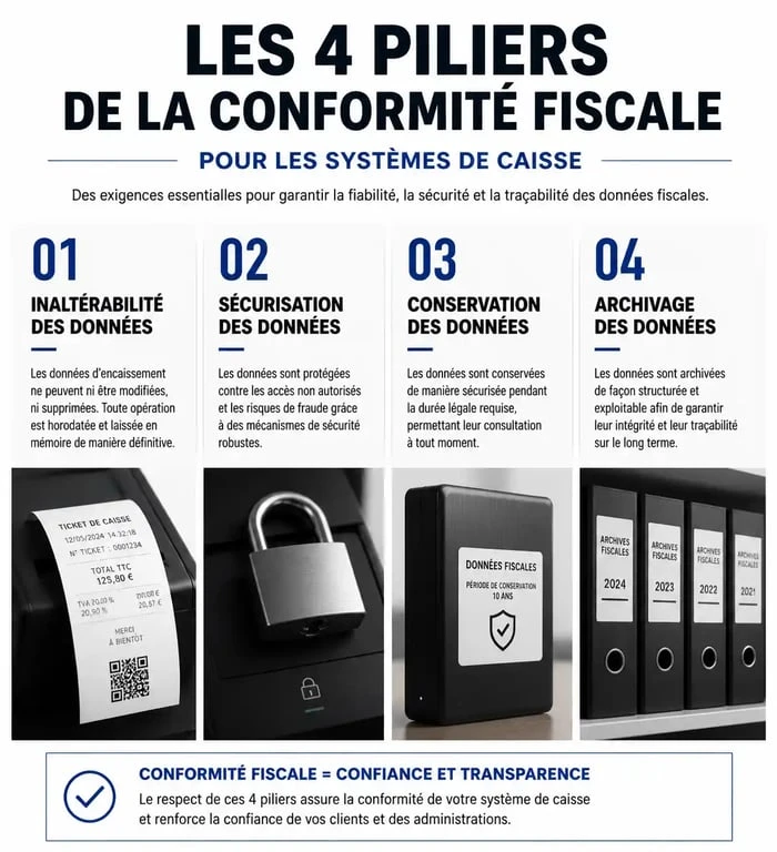 Infographie des obligations légales pour une caisse enregistreuse commerce de détail conforme à la norme NF525