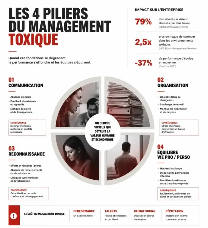 Infographie des signaux d'alerte et indicateurs du management toxique en entreprise