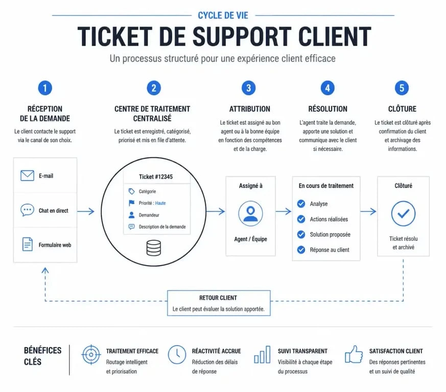 Schéma du cycle de vie d'un ticket dans un système de ticketing pour support client