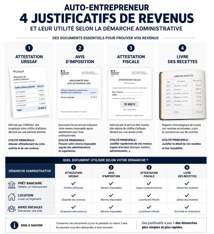 Infographie des justificatifs de revenus pour auto-entrepreneur remplaçant la fiche de paie