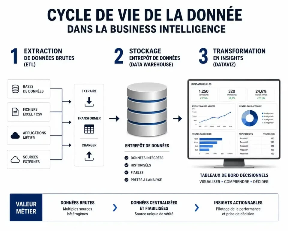 Schéma du cycle de vie de la donnée en Business Intelligence : de la collecte à la visualisation.