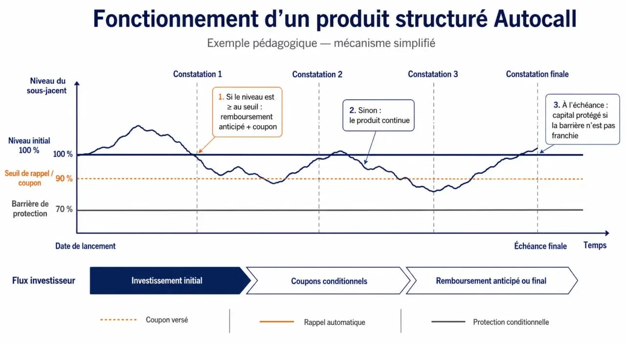 Schéma explicatif du fonctionnement d'un produit structuré et du mécanisme Autocall