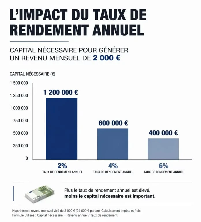 Infographie montrant l'impact du taux de rendement sur le capital pour une simulation de placement avec rente mensuelle