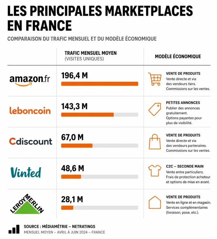 Infographie comparative des top marketplace en France : trafic et modèles économiques
