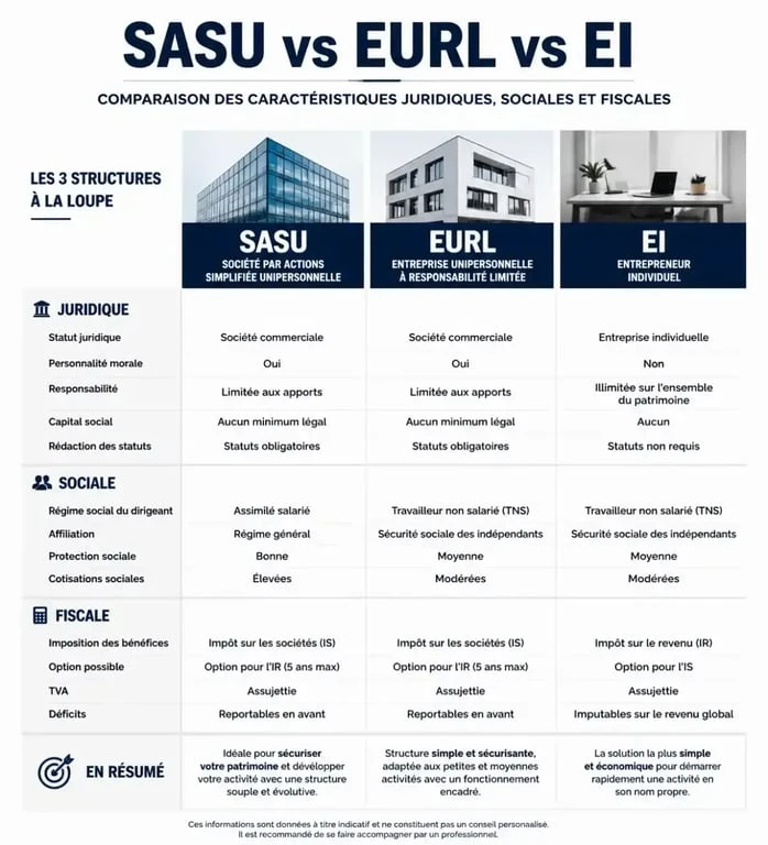 Comparatif des formes juridiques SASU, EURL et EI pour les entrepreneurs