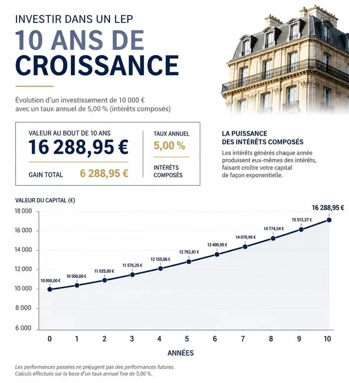 Graphique montrant l'évolution et le rendement d'un LEP plein sur 10 ans