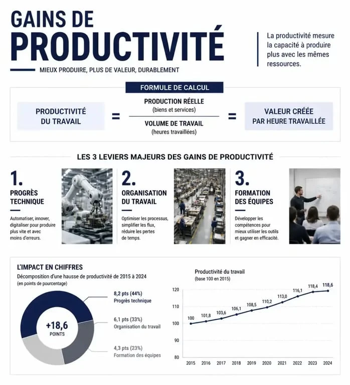Infographie explicative sur le calcul et les leviers du gain de productivité en entreprise