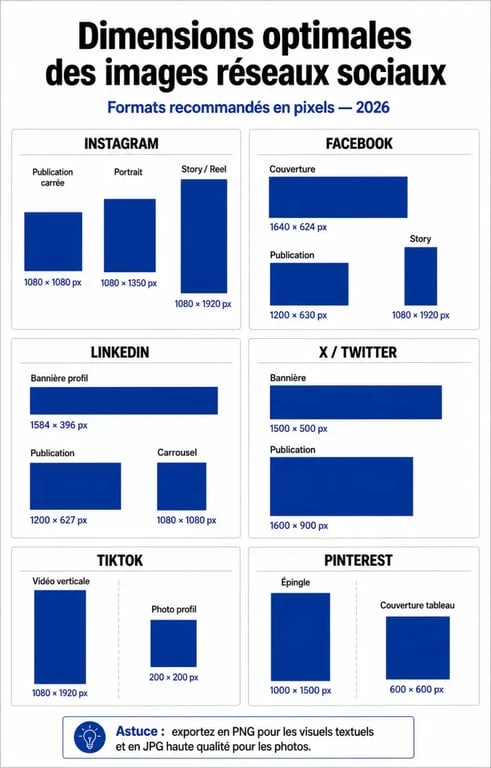 Infographie récapitulative des tailles d'images pour les réseaux sociaux : Facebook, Instagram, LinkedIn et X.