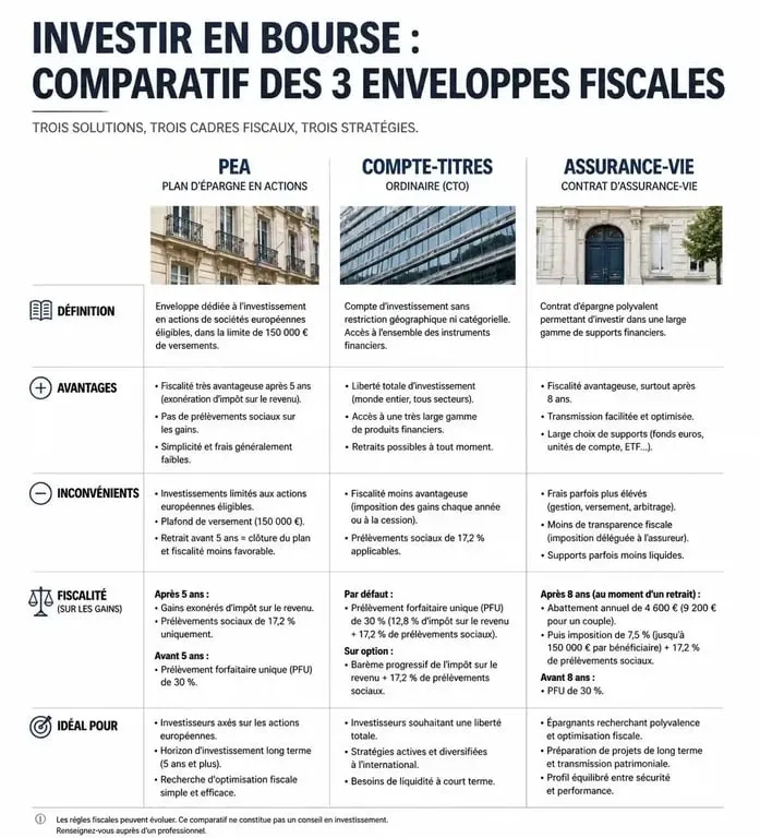 Comparatif des enveloppes fiscales pour investir en bourse avec un petit budget : PEA, Compte-Titres et Assurance-Vie