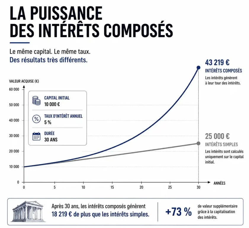 Graphique illustrant la différence entre intérêt simple et intérêt composé pour le calcul intérêt composé
