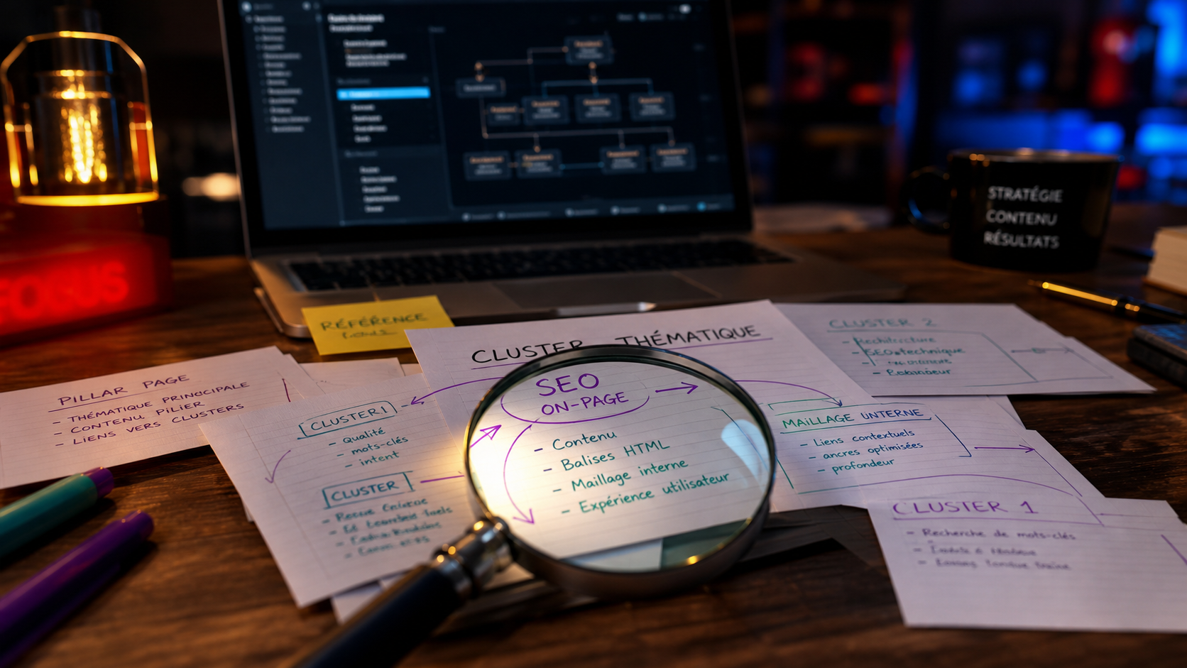 Blog and SEO : clusters thématiques et SEO sur ordinateur et fiches