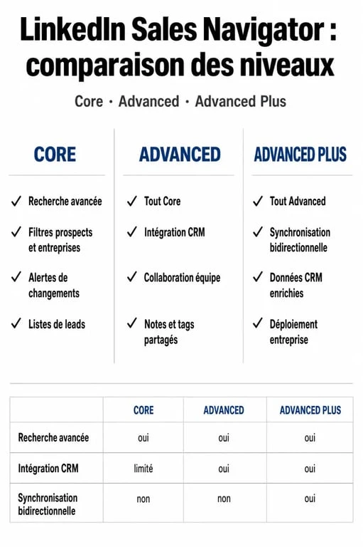 Tableau comparatif des offres LinkedIn Sales Navigator : Core, Advanced et Advanced Plus pour la prospection B2B