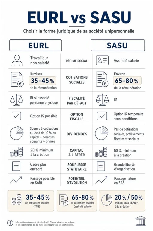 Comparatif eurl vs sasu avec différences de cotisations, fiscalité, dividendes et souplesse statutaire