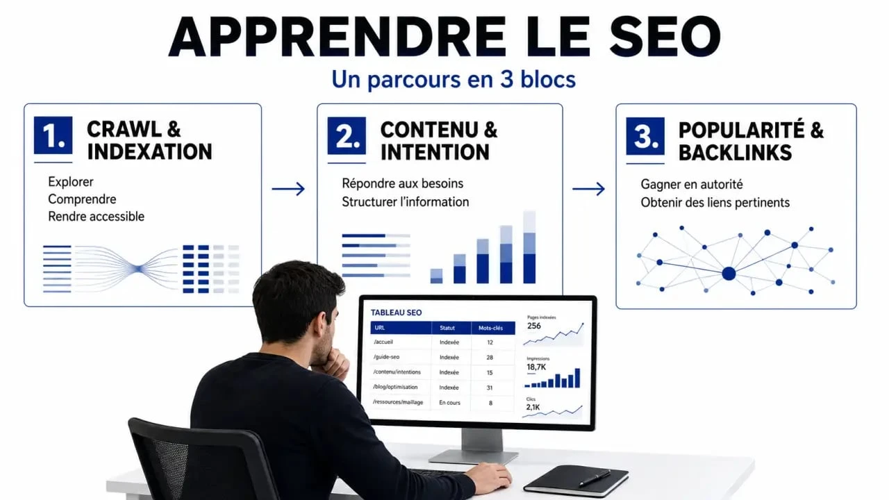 Apprendre SEO : illustration éditoriale du crawl, de l’indexation et du classement