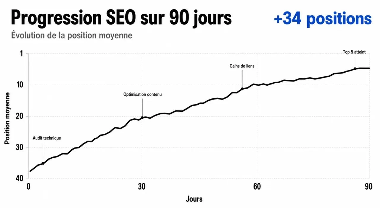 Graphique illustrant l'analyse de positionnement SEO et la progression des mots-clés dans les résultats de recherche