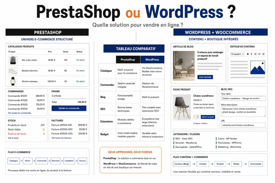 PrestaShop ou WordPress comparatif des fonctionnalités e-commerce, SEO et budget
