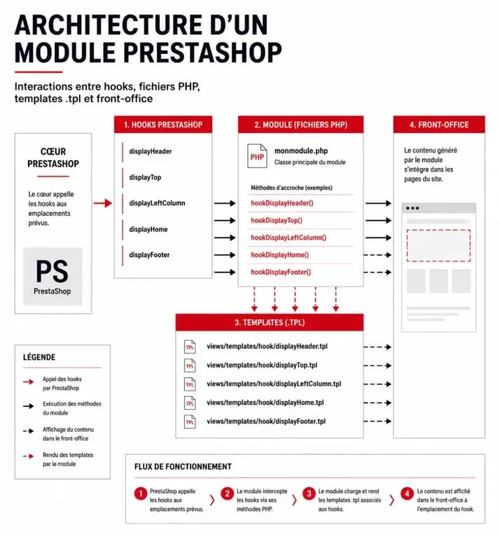 Schéma de l'architecture technique des modules PrestaShop et fonctionnement des hooks