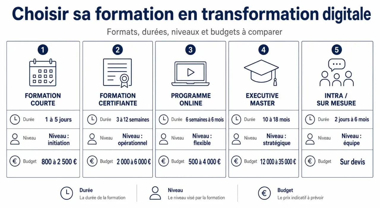 Infographie de formation transformation digitale comparant les formats, durées et prix