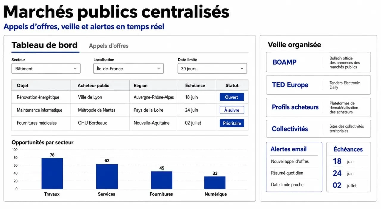 Illustration des marchés online avec plateforme centralisée, filtres sectoriels et alertes de veille