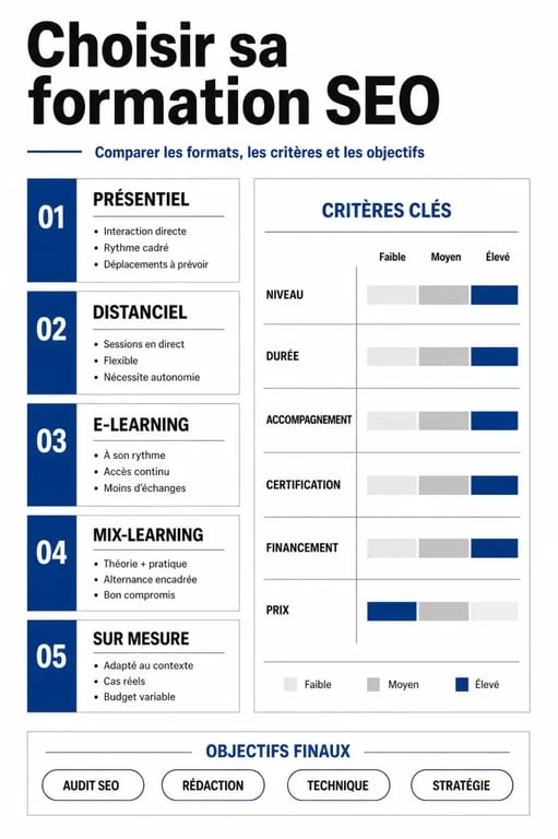 Infographie sur la formation seo avec comparaison des formats, critères de choix et objectifs pédagogiques
