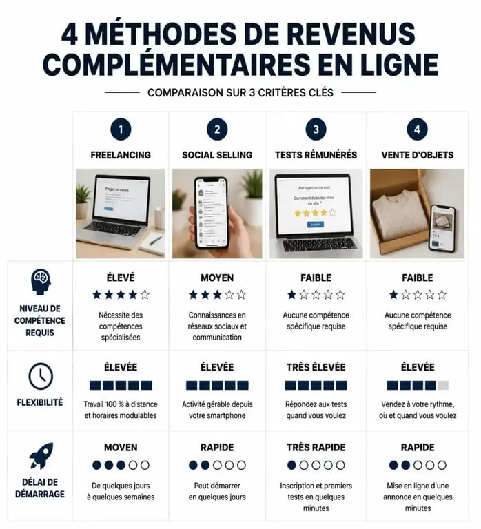 Tableau comparatif des solutions pour un complément de revenu en ligne fiable et sérieux