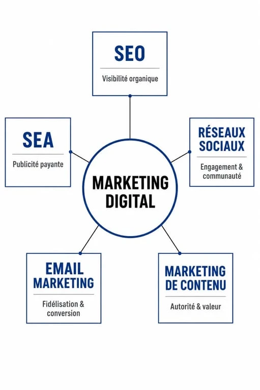 Infographie des principaux leviers du marketing digital