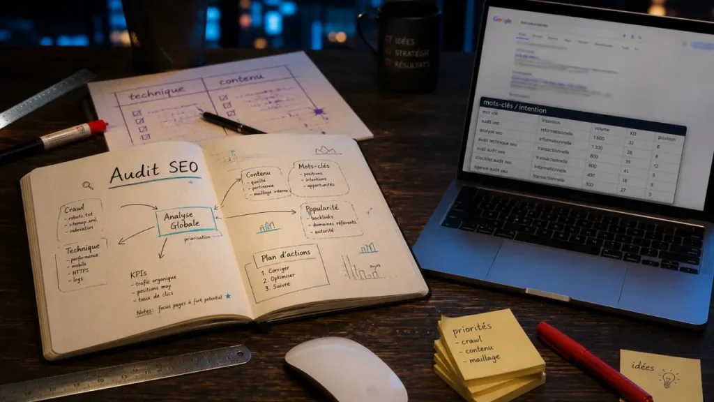 Formation seo : audit SEO et planning sur ordinateur et carnet